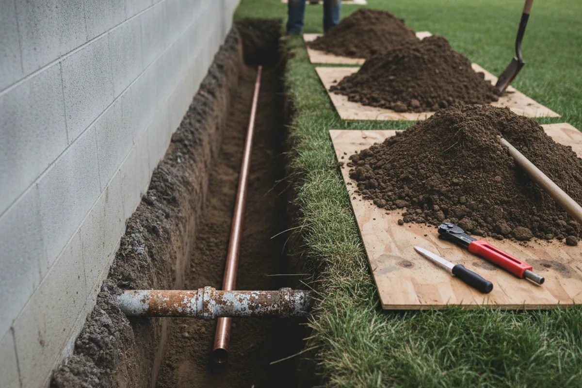 Excavated water line trench during Water Heater Repair in Barney